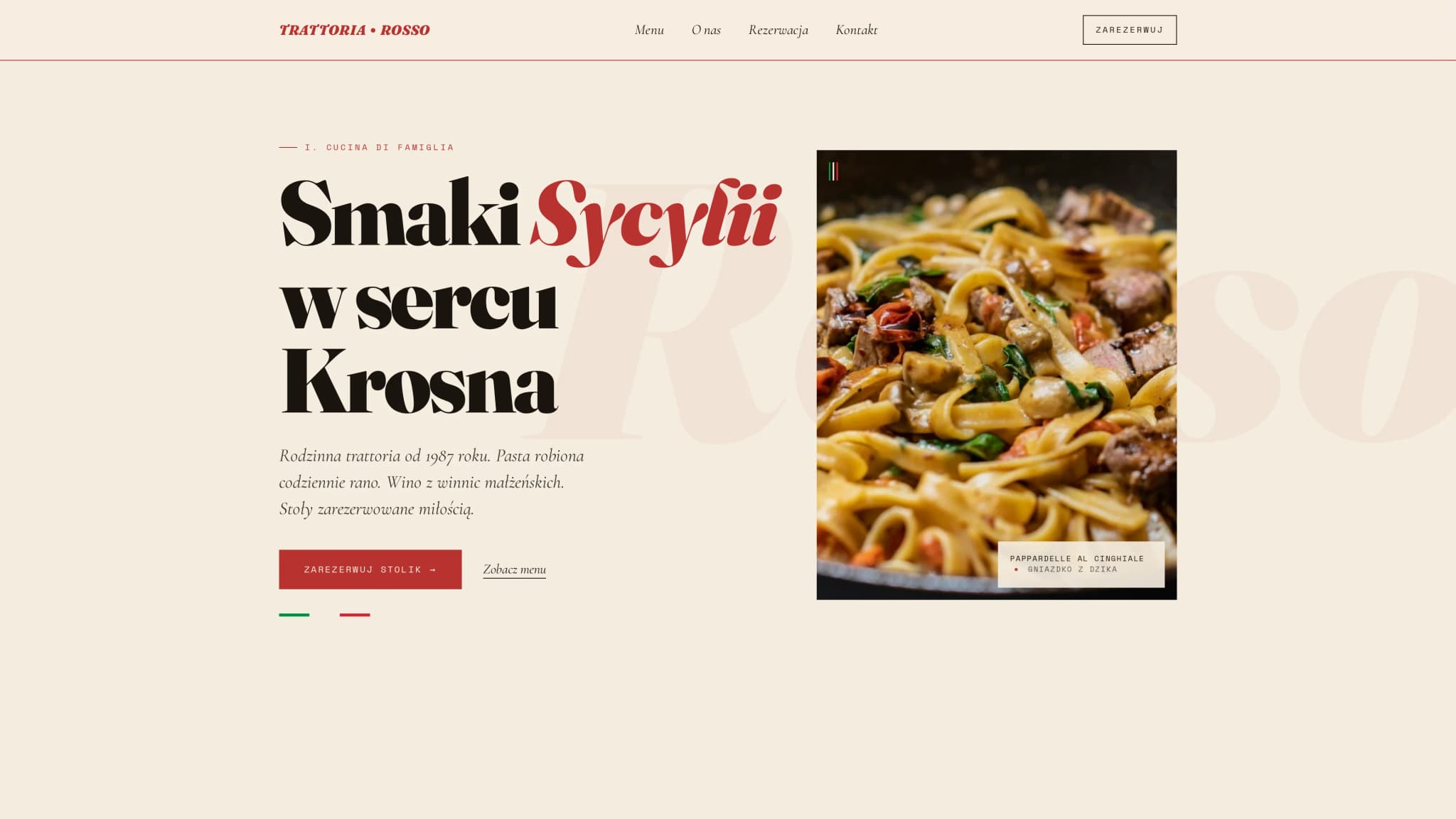 Trattoria Rosso, strona z menu i rezerwacją